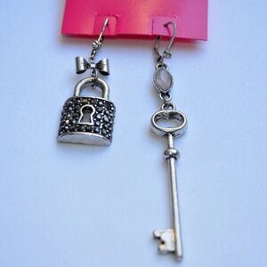 Betsey Johnson Lady Lock Key Long Antique Silver Earrings
